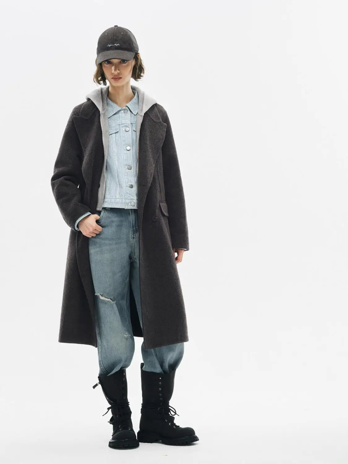 Coat Urban Revivo Fashion; long charcoal wool coat with gray fleece lining, worn over a light striped shirt.