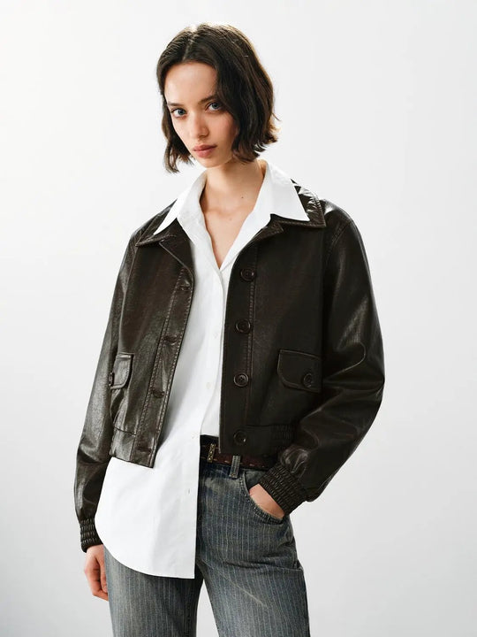 Button Front Elastic Hem Long Sleeve Jacket