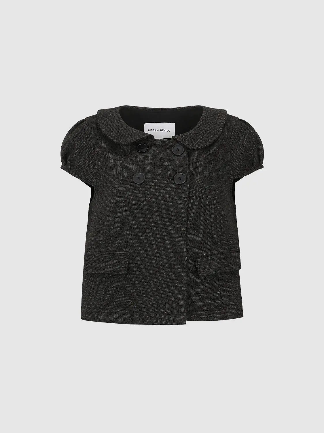 Short black tweed jacket with double-breasted buttons and puff sleeves from Urban Revivo