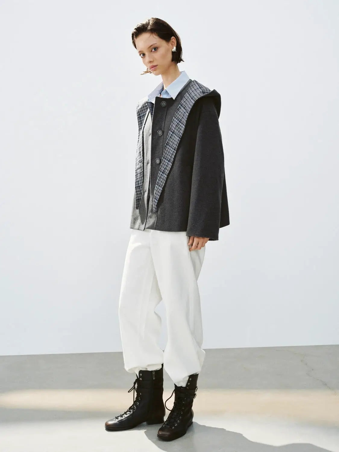 Coat, hooded charcoal gray with plaid trim, Urban Revivo Fashion