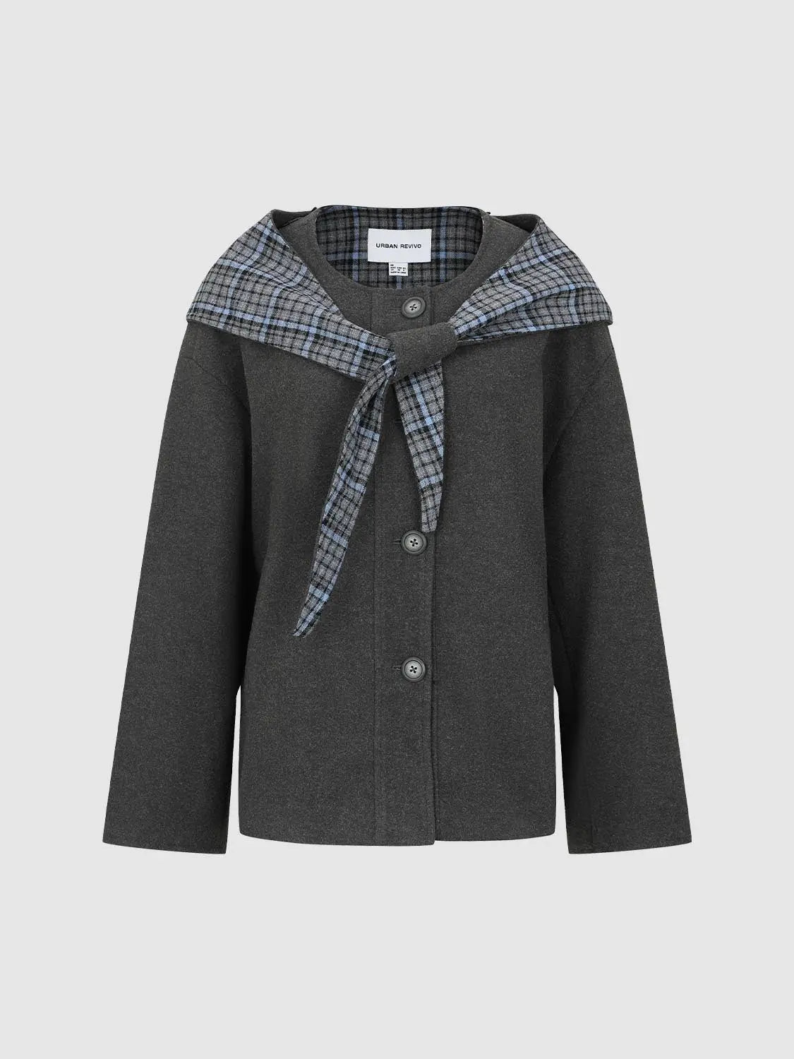 Coat with dark grey wool blend and blue plaid scarf-style collar, button-front, Urban Revivo Fashion