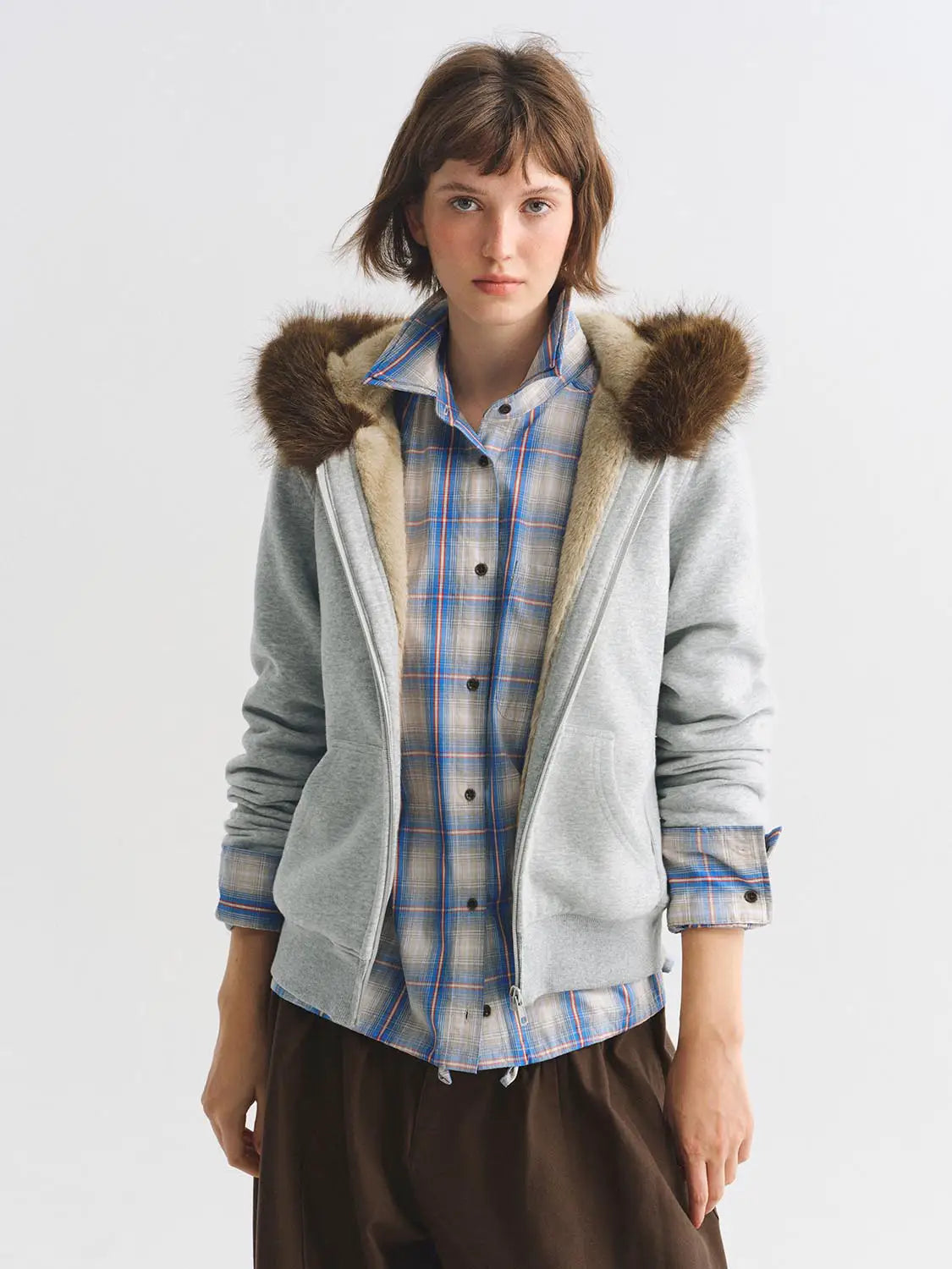 Other jacket: grey zip hoodie with a brown fur-trimmed hood over a blue plaid shirt.