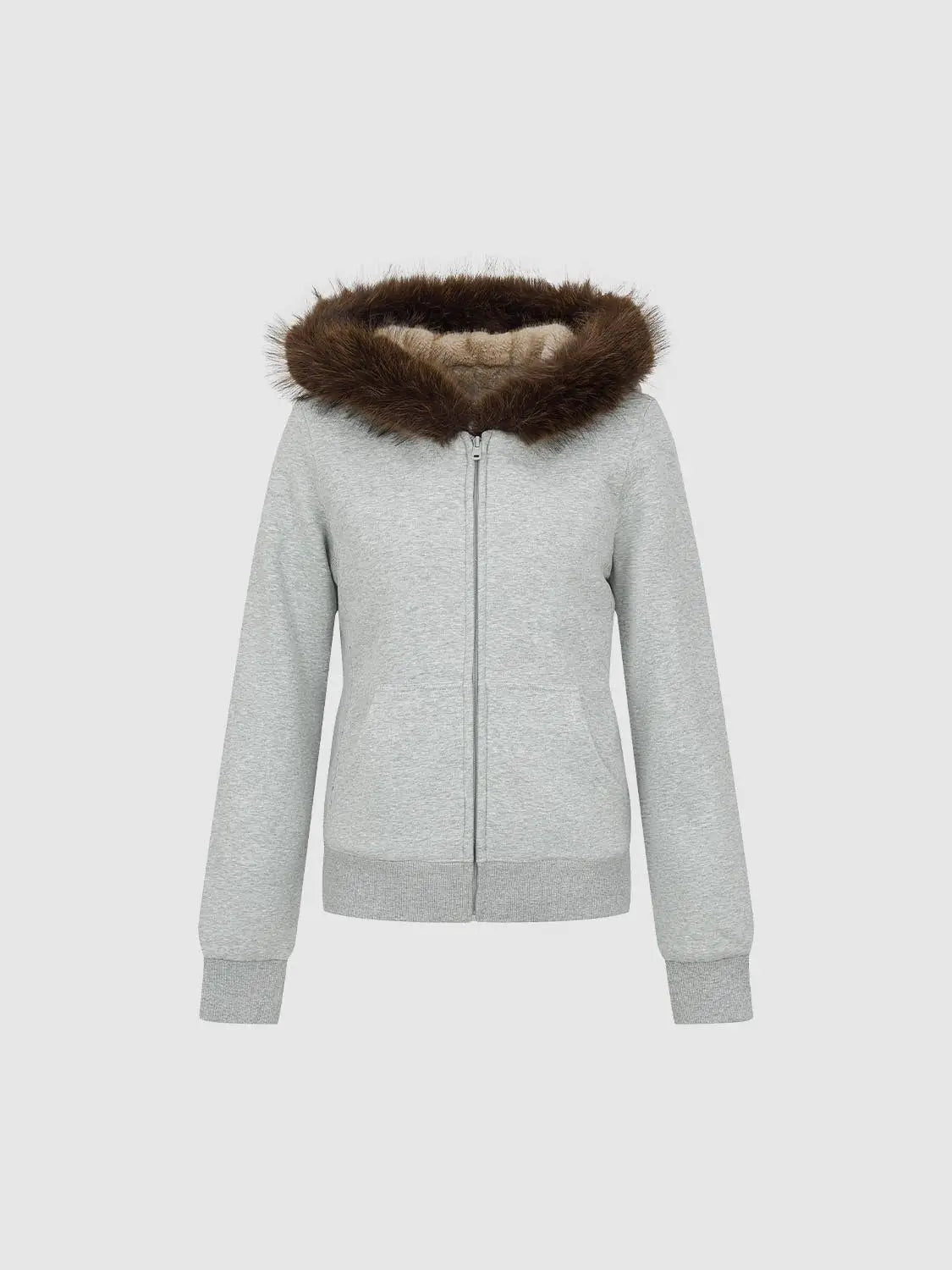 Jacket by Urban Revivo: grey zip-up with brown fur-trimmed hood