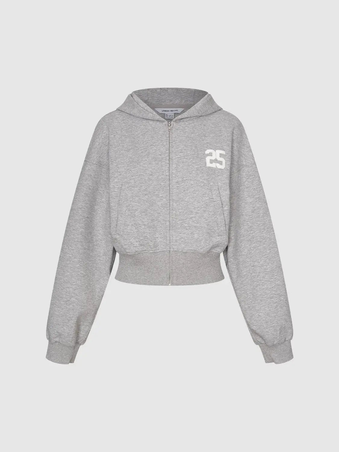 Hoodie jacket from Urban Revivo in heather gray, zip front with cropped ribbed hem and cuffs, white 25 patch.