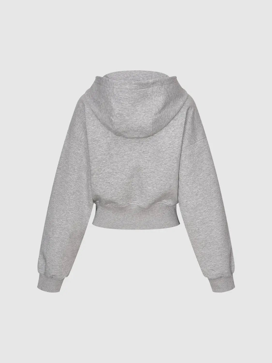 Hoodie jacket in light grey heather; cropped hem, oversized hood, ribbed cuffs (back view).