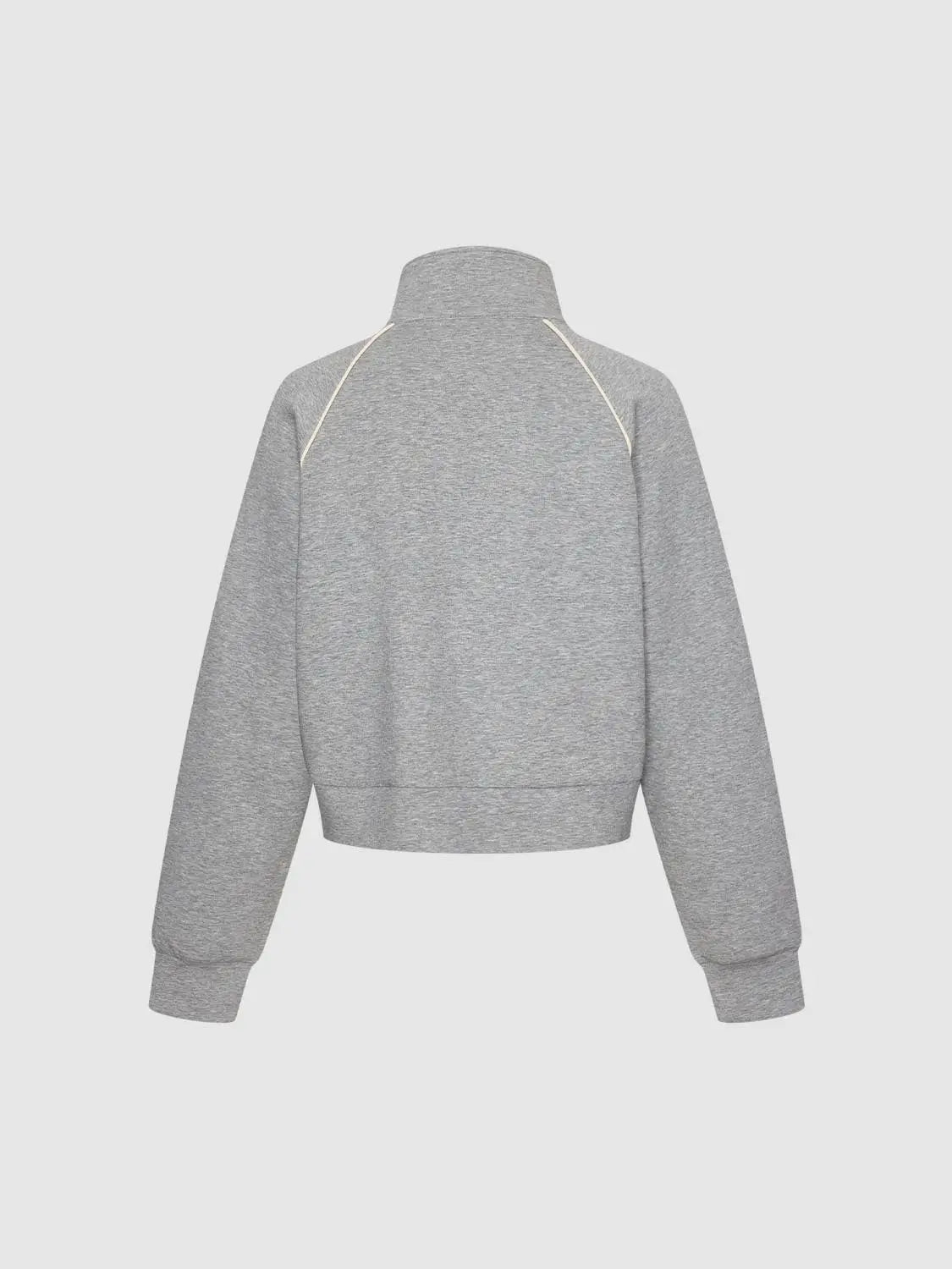Sweatshirt jacket gray heather with white piping, ribbed cuffs and hem, back view