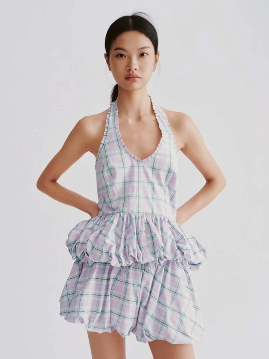 Halter Neck Ruffle Hem Check Sleeveless Shirts