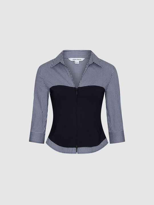 Contrast Spliced Check Zip-Up Shirts