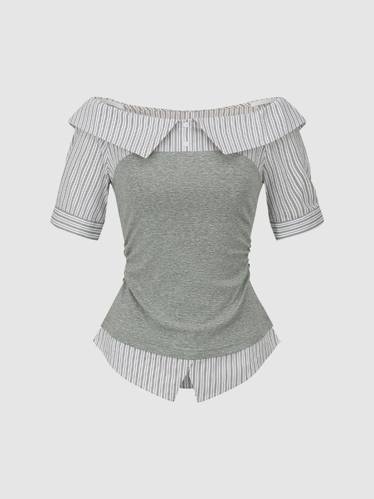 2 In 1 Striped Boat Neck Short Sleeve Shirts