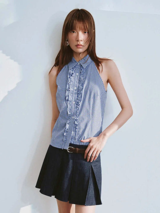 Ruffle Detail Contrast Striped Sleeveless Shirts