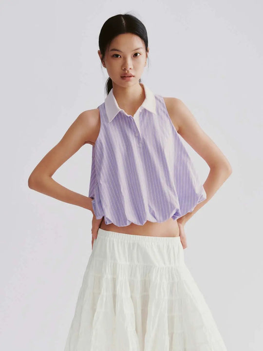 Striped Sleeveless Balloon Hem Shirt