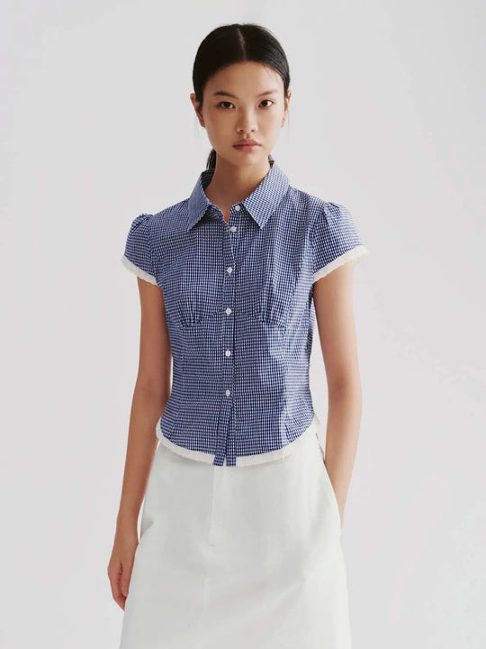 Lace Trim Cotton Gingham Cap Sleeve Shirts