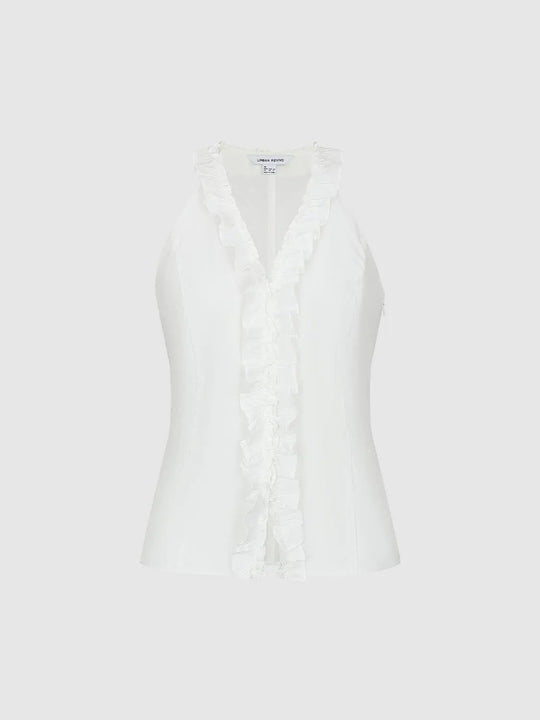 Ruffle Trim Sleeveless V Neck Soft Knit Cami Tops