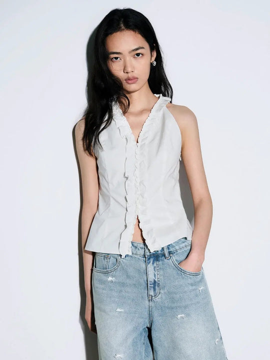 Ruffle Trim Sleeveless V-Neck Soft Knit Cami Top