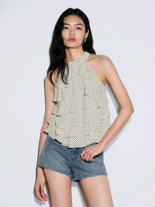 Halter Neck Tiered Ruffle Polka Dot Cami Top Summer