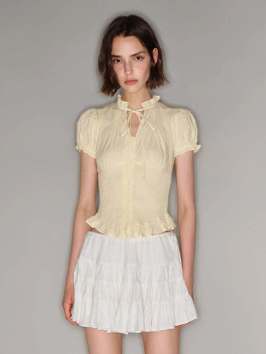 Ruffled Collar Tie Puff Sleeve Cotton Shirt