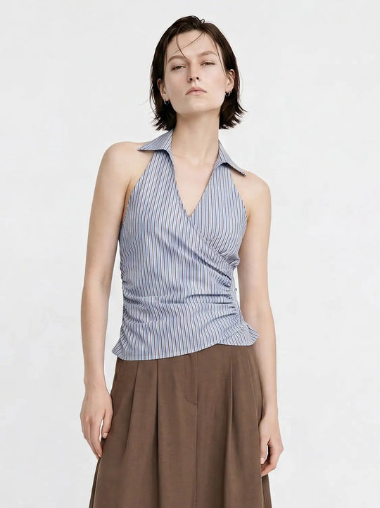 Cotton Striped Ruched Wrap Front Sleeveless Cami Tops