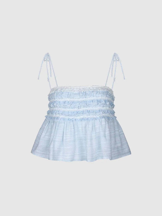 Ruched Striped Light Blue Tie Straps Cami Top