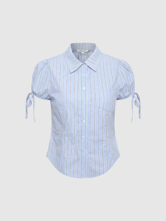 Vertical Stripe Puff Sleeve Cotton Shirt