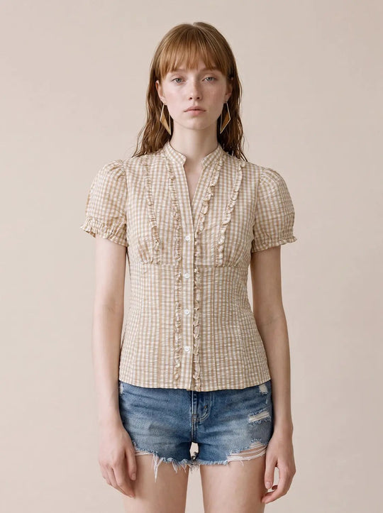 Gingham Ruffle Front Short Sleeve Cotton Shirt