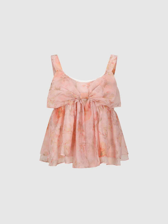 Floral Print Bow Front With Thin Stretch Fabric Construction Elegant Cami Top