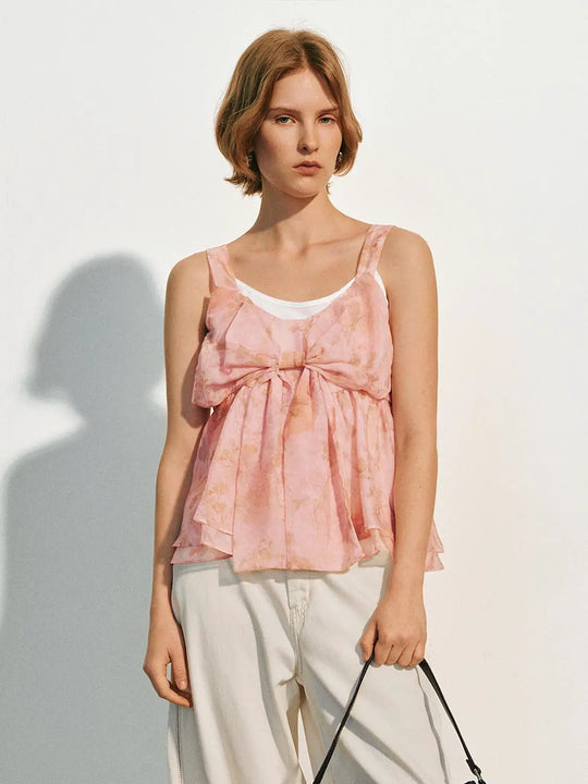 Bow Front Floral Print Thin Stretch Cami Top