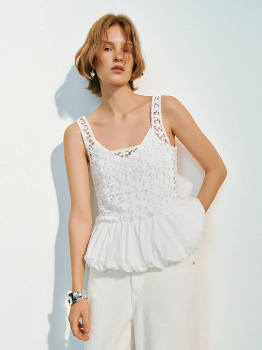 Crochet Lace Strappy Peplum Hem White Blouse