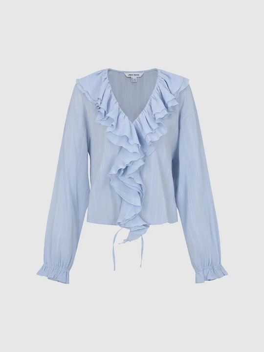 Ruffle Collar V-neck Cotton Shirt