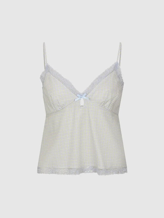 Delicate Lace Bow Trim Gingham Cotton Cami Top