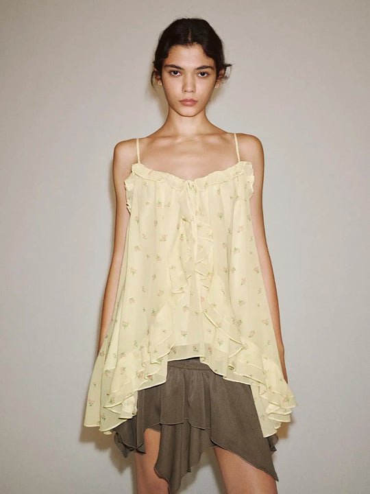 Floral Print Ruffled Asymmetric Hem Cami Top