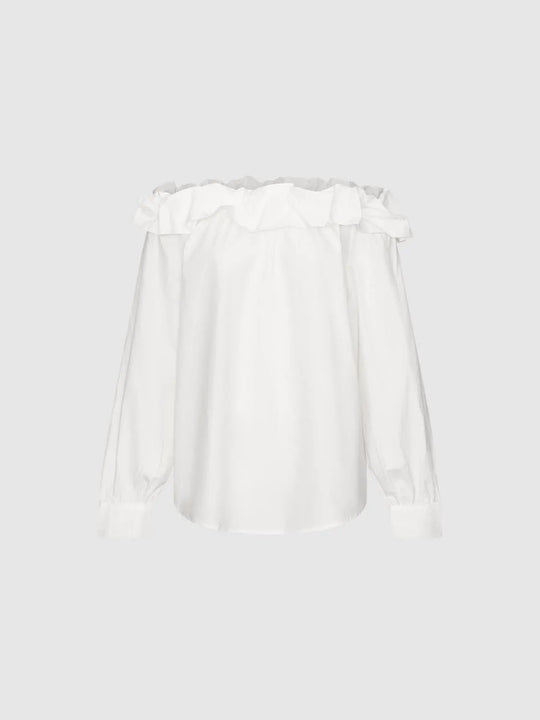 Ruffled Off-Shoulder Long Sleeve Cotton Blouse