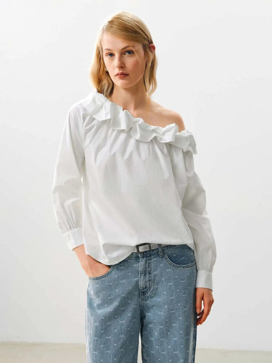 Blouse en coton à manches longues, épaules dénudées et volants