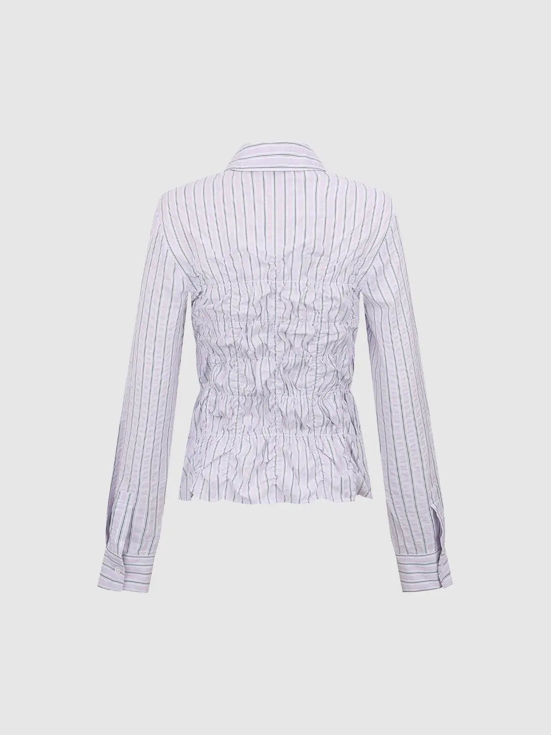 Button-Front Shirt by Urban Revivo Fashion, lavender striped with shirred back