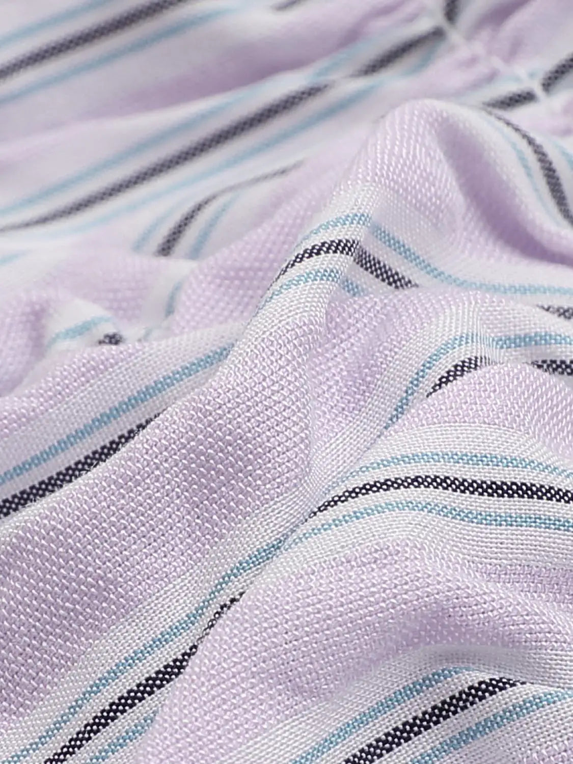 Button-front shirt; lavender striped fabric with light blue and navy stripes, close-up texture.
