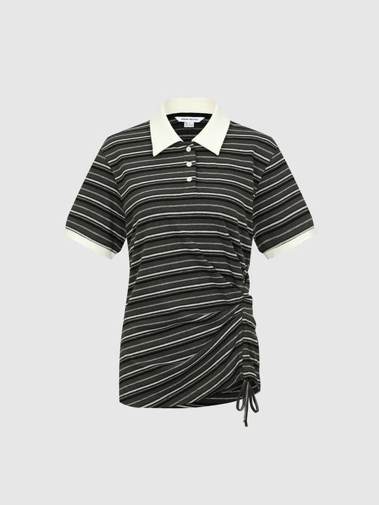 Cotton Polo Striped White Collar Drawstring Tee