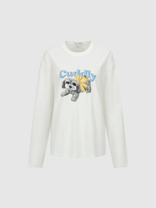 Cotton Printed Dog With Yellow Flower Long Sleeve T Shirt