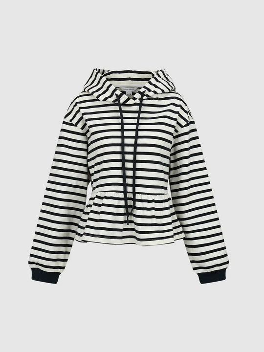 Striped Hooded Peplum Hem Cotton Sweatshirt