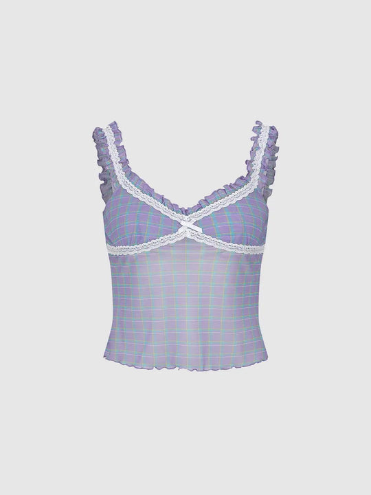 Lilac Plaid Ruffle Trim Strappy Lace Tank Top