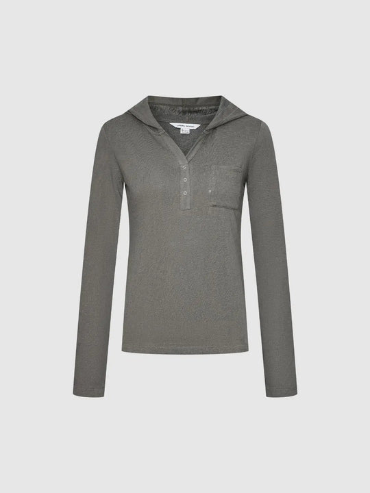Hooded Button Front Long Sleeve Cotton Blend T-shirt