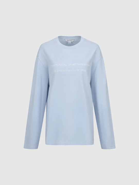 Light Blue Long Sleeve Text Printed Cotton T-shirt