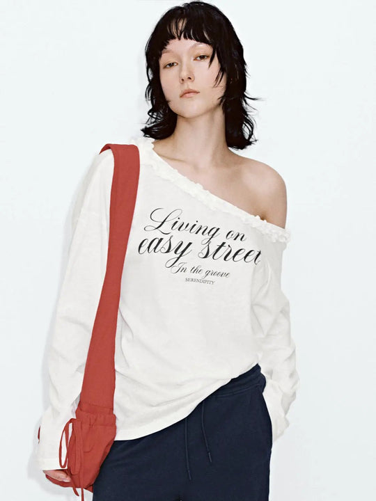 Ruffle Trim One Shoulder Printed Cotton Blend T Shirts