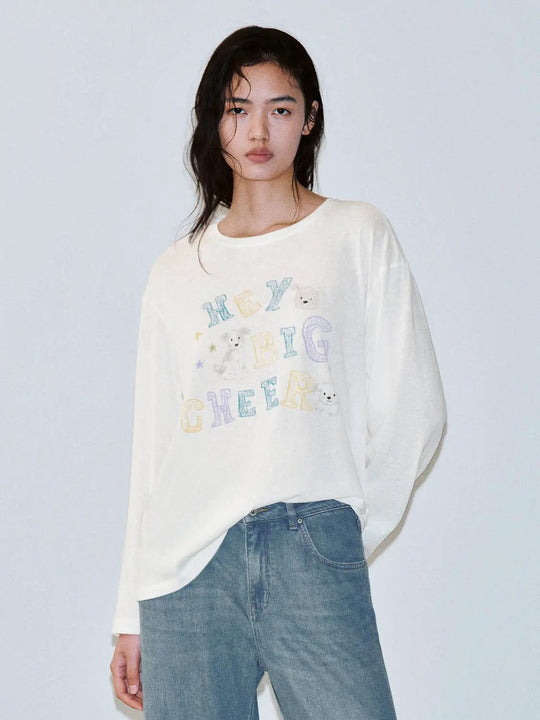 Cotton Blend Printed Crew Neck Long Sleeve T Shirt