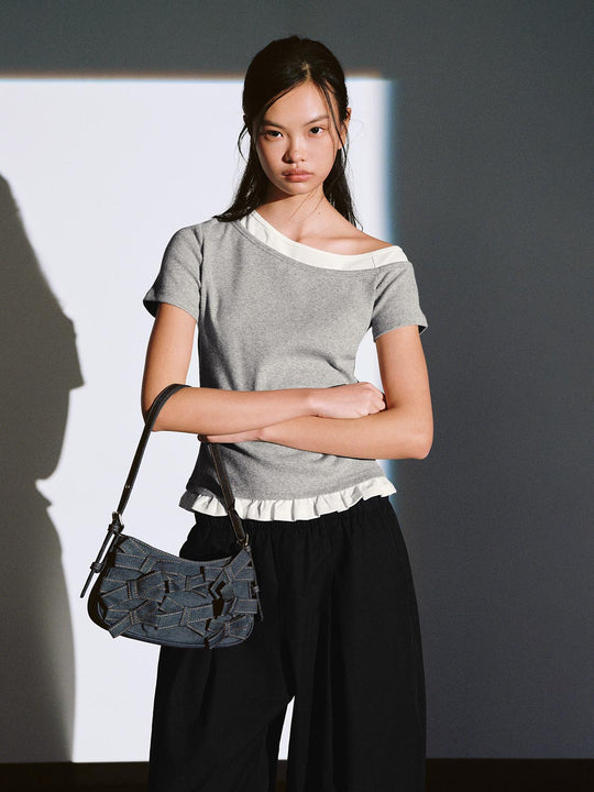 2 In 1 Pleated Trim One Shoulder T-Shirts