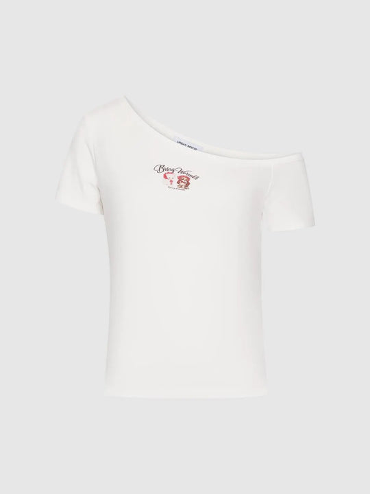 One Shoulder Printed Cotton T Shirt