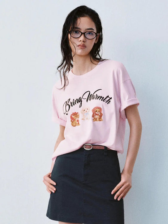 Pink Cotton Being Warmth Print Cozy T Shirt