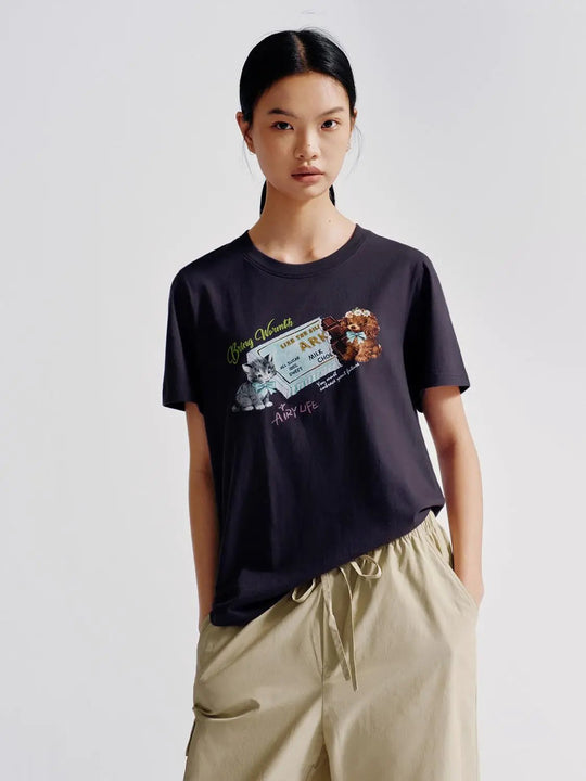 100 Percent Cotton Graphic Cat Print T-Shirts