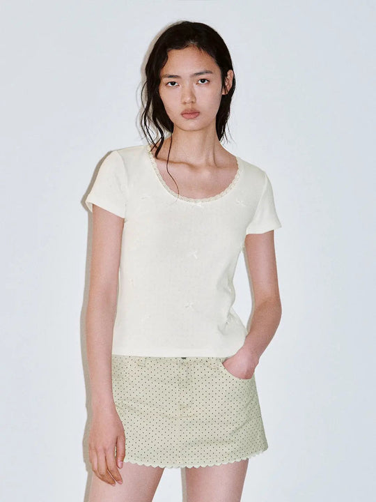 Bow Detail Scoop Neck Skinny-Fit T-Shirts
