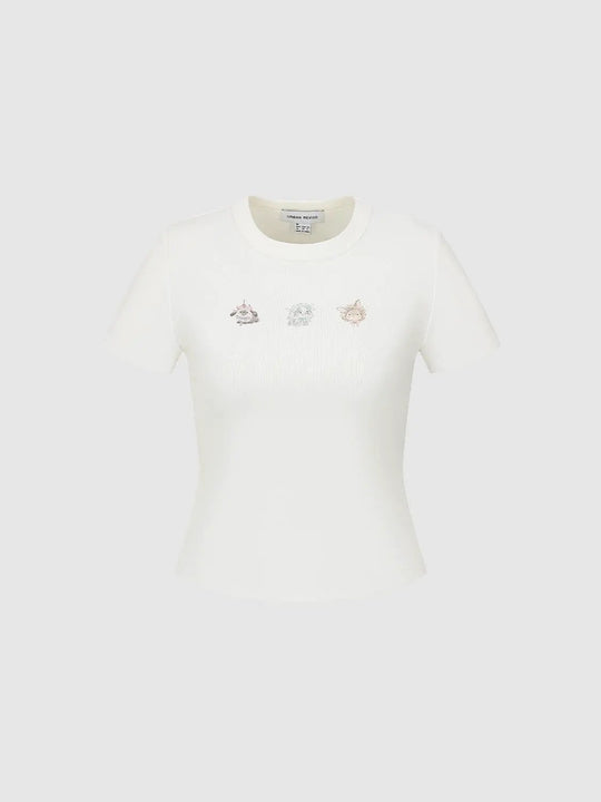 Cotton Blend Embroidered Animal Faces T Shirt
