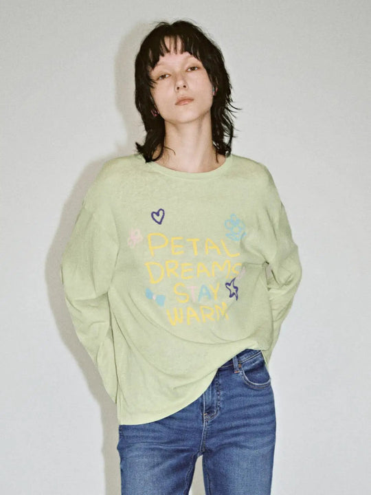 Petal Dreams Stay Warm Printed Cotton Blend Crew Neck Tee