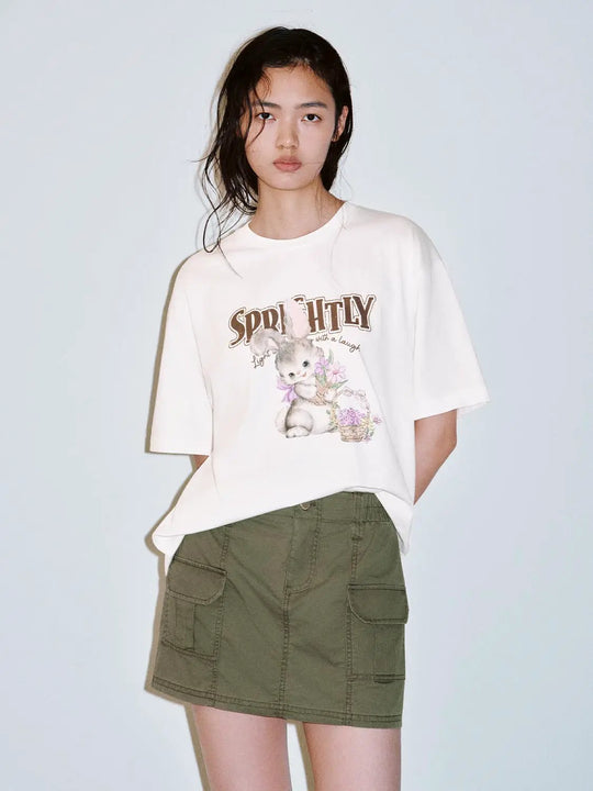 Cotton Graphic Rabbit And Flower Print T-Shirts